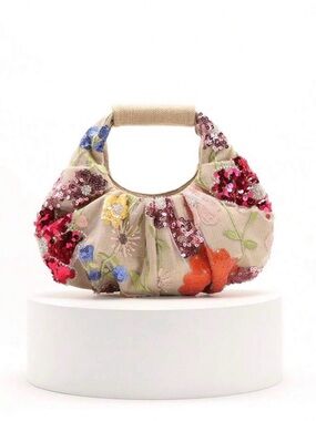 Floral Sequin Embellished Beige Handbag